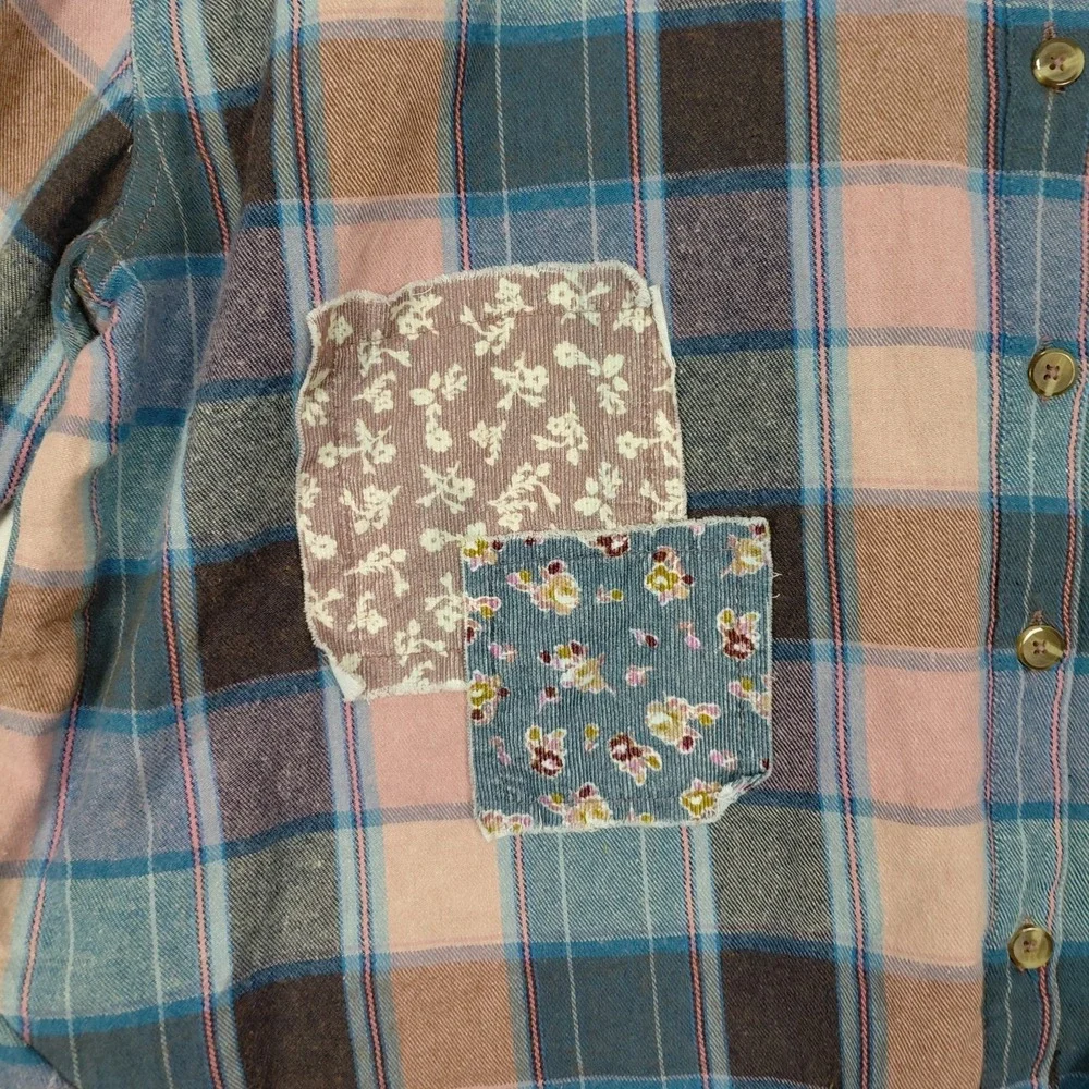 Women's XL Cropped Plaid Flannel Long Sleeve Patchwork‎ Raw Hem Country Western